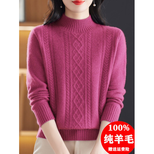 100純羊毛衫女軟糯加厚毛衣冬季半高領寬鬆打底衫洋氣媽媽裝上衣