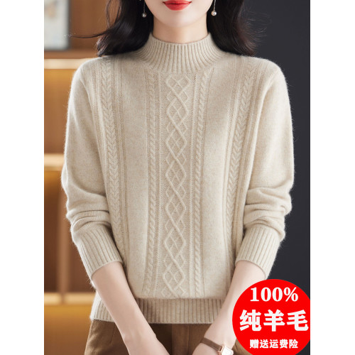 100純羊毛衫女軟糯加厚毛衣冬季半高領寬鬆打底衫洋氣媽媽裝上衣