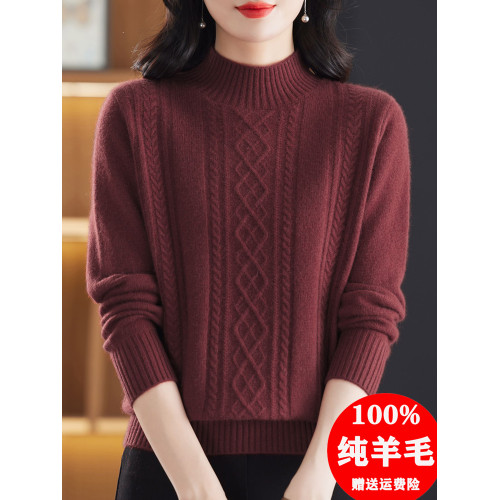 100純羊毛衫女軟糯加厚毛衣冬季半高領寬鬆打底衫洋氣媽媽裝上衣