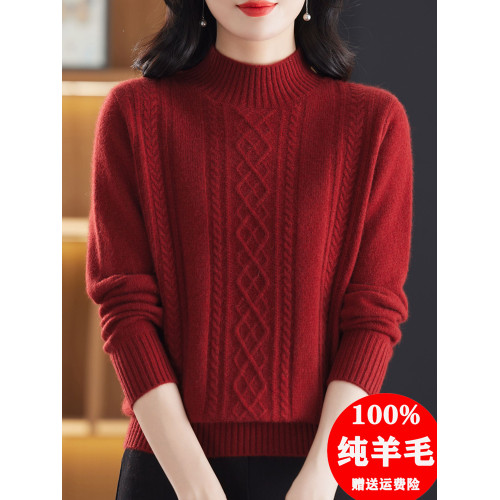 100純羊毛衫女軟糯加厚毛衣冬季半高領寬鬆打底衫洋氣媽媽裝上衣