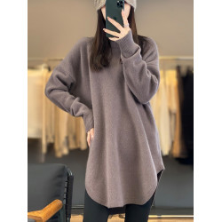 秋冬圓領中長款圓弧毛衣女寬松大碼慵懶風加厚休閒針織打底衫上衣