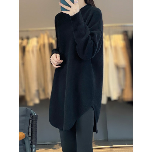 秋冬圓領中長款圓弧毛衣女寬松大碼慵懶風加厚休閒針織打底衫上衣