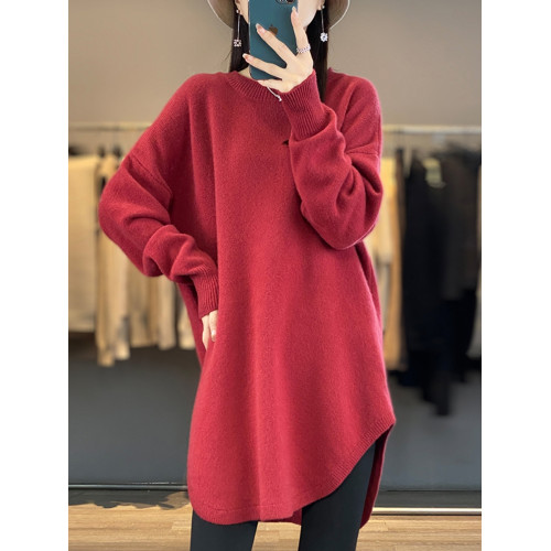 秋冬圓領中長款圓弧毛衣女寬松大碼慵懶風加厚休閒針織打底衫上衣