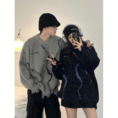 破壞感馬海毛毛衣情侶裝2025秋冬季美式潮牌慵懶風軟糯針織衫上衣 破壞感馬海毛毛衣情侶裝2025秋冬季美式潮牌慵懶風軟糯針織衫上衣