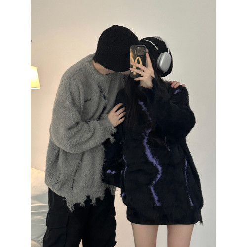 破壞感馬海毛毛衣情侶裝2025秋冬季美式潮牌慵懶風軟糯針織衫上衣 破壞感馬海毛毛衣情侶裝2025秋冬季美式潮牌慵懶風軟糯針織衫上衣