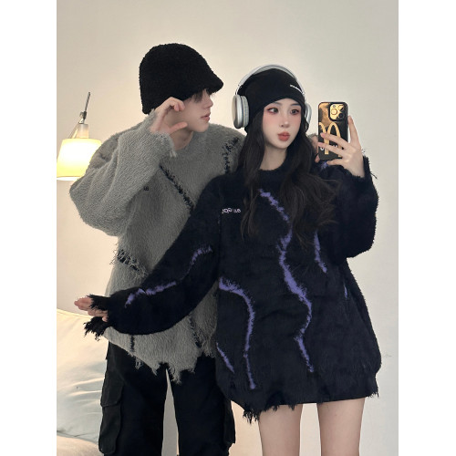 破壞感馬海毛毛衣情侶裝2025秋冬季美式潮牌慵懶風軟糯針織衫上衣 破壞感馬海毛毛衣情侶裝2025秋冬季美式潮牌慵懶風軟糯針織衫上衣