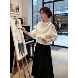 米白色不規則繙領針織衫毛衣女可外穿內搭秋冬高級感韓系慵嬾上衣