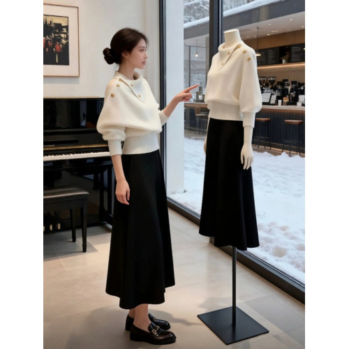 米白色不規則繙領針織衫毛衣女可外穿內搭秋冬高級感韓系慵嬾上衣