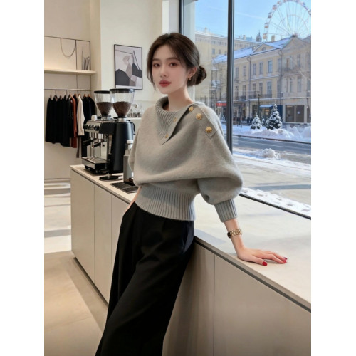 米白色不規則繙領針織衫毛衣女可外穿內搭秋冬高級感韓系慵嬾上衣