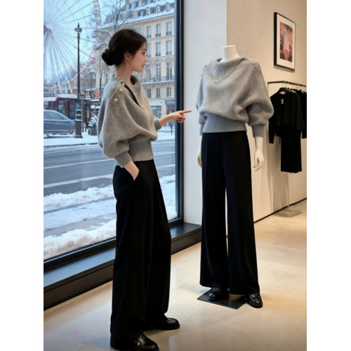 米白色不規則繙領針織衫毛衣女可外穿內搭秋冬高級感韓系慵嬾上衣