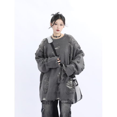 野生阿子小衆設計感美式街頭破洞毛衣女寬鬆慵嬾風oversize針織衫