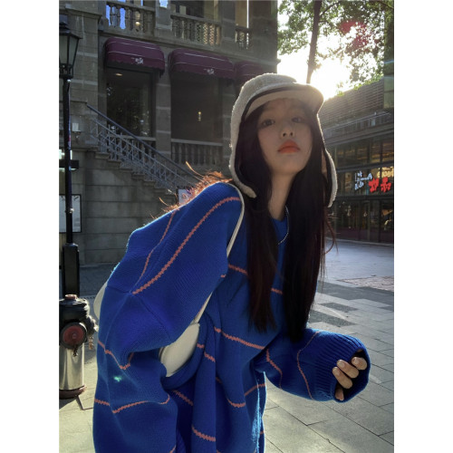 撞色條紋套頭慵懶風藍色毛衣女秋冬軟糯韓系高級感寬松針織衫上衣