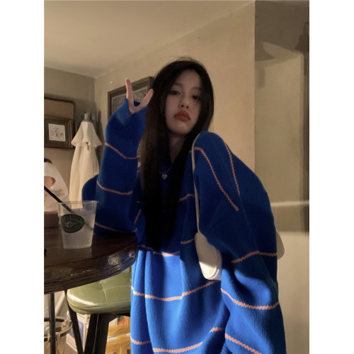 撞色條紋套頭慵懶風藍色毛衣女秋冬軟糯韓系高級感寬松針織衫上衣