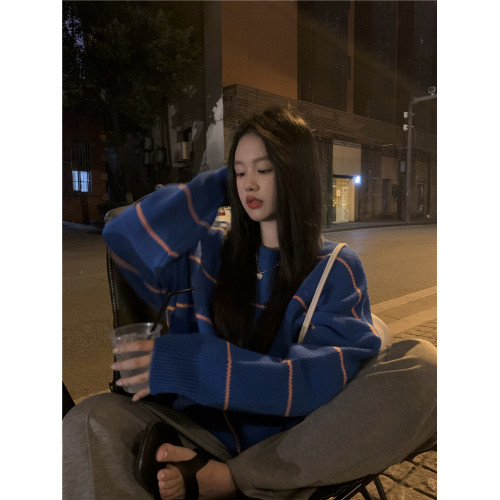 撞色條紋套頭慵懶風藍色毛衣女秋冬軟糯韓系高級感寬松針織衫上衣