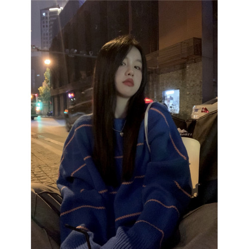 撞色條紋套頭慵懶風藍色毛衣女秋冬軟糯韓系高級感寬松針織衫上衣