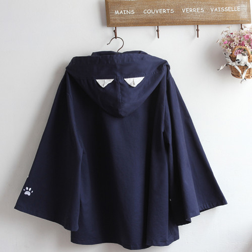 男女通款日系清新喇叭袖開衫耳朵寬松連帽外套貓刺綉學生鬭篷罩衫 男女通款日系清新喇叭袖開衫耳朵寬松連帽外套貓刺綉學生鬭篷罩衫