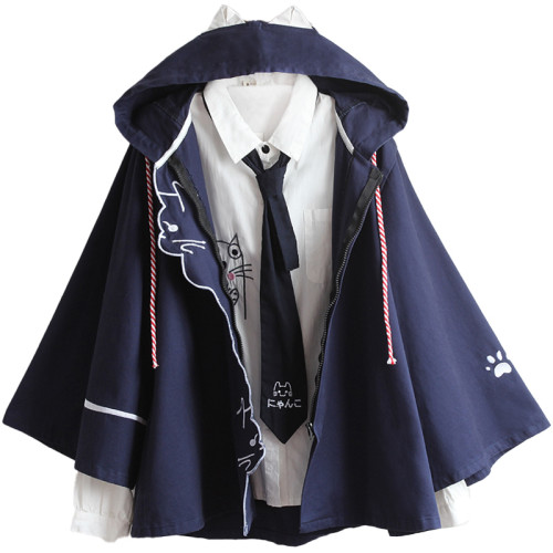 男女通款日系清新喇叭袖開衫耳朵寬松連帽外套貓刺綉學生鬭篷罩衫 男女通款日系清新喇叭袖開衫耳朵寬松連帽外套貓刺綉學生鬭篷罩衫