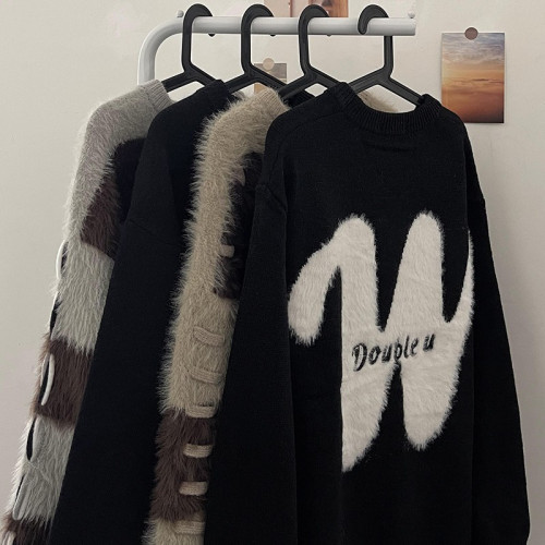 邱細狗QXIGOU圓領馬海毛毛衣男國潮植絨字母寬松百搭針織衫 邱細狗QXIGOU圓領馬海毛毛衣男國潮植絨字母寬松百搭針織衫