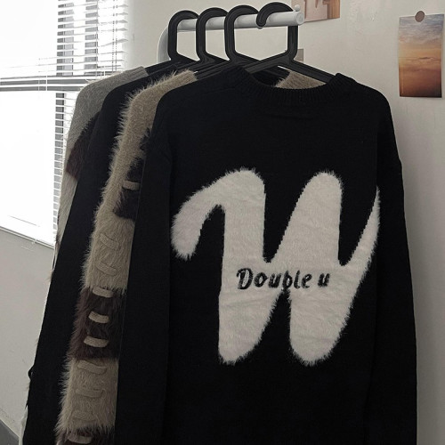 邱細狗QXIGOU圓領馬海毛毛衣男國潮植絨字母寬松百搭針織衫 邱細狗QXIGOU圓領馬海毛毛衣男國潮植絨字母寬松百搭針織衫