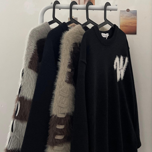 邱細狗QXIGOU圓領馬海毛毛衣男國潮植絨字母寬松百搭針織衫 邱細狗QXIGOU圓領馬海毛毛衣男國潮植絨字母寬松百搭針織衫