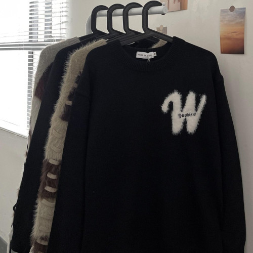 邱細狗QXIGOU圓領馬海毛毛衣男國潮植絨字母寬松百搭針織衫 邱細狗QXIGOU圓領馬海毛毛衣男國潮植絨字母寬松百搭針織衫