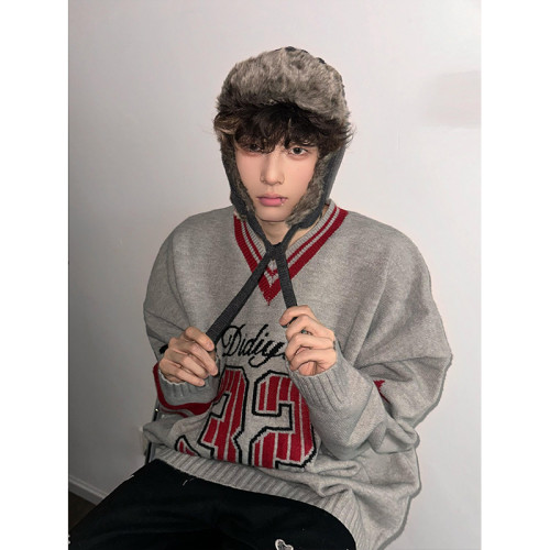 韓系運動風費爾島毛衣男款春秋美式復古v領針織衫高級感上衣外套