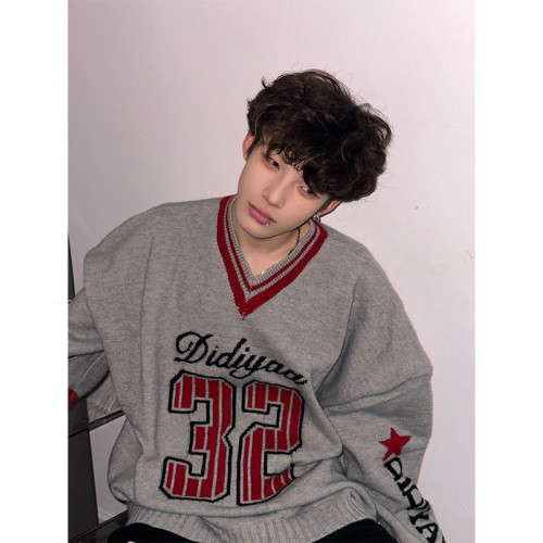 韓系運動風費爾島毛衣男款春秋美式復古v領針織衫高級感上衣外套