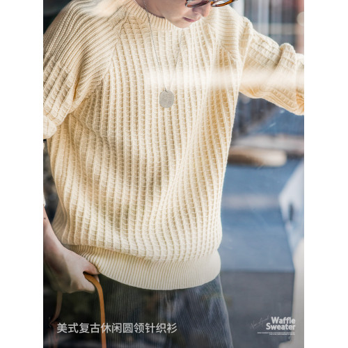 馬登工裝 美式休閒華夫格圓領針織衫保暖白色內搭打底毛衣男秋 馬登工裝 美式休閒華夫格圓領針織衫保暖白色內搭打底毛衣男秋
