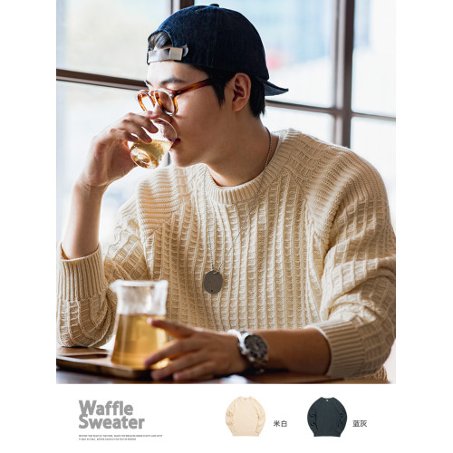 馬登工裝 美式休閒華夫格圓領針織衫保暖白色內搭打底毛衣男秋 馬登工裝 美式休閒華夫格圓領針織衫保暖白色內搭打底毛衣男秋
