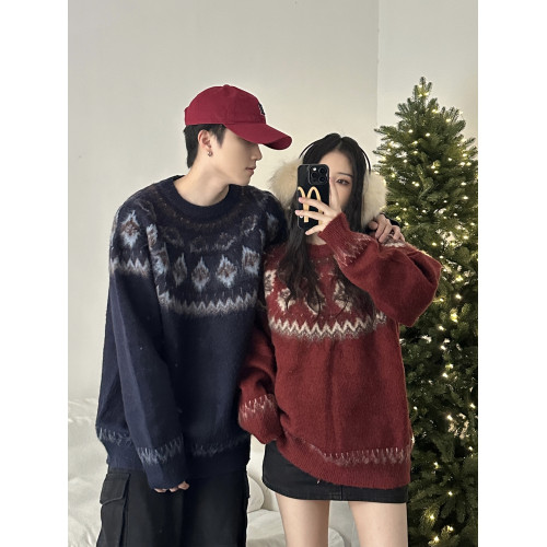 情侶裝秋冬新款北歐費爾島風聖誕氛圍感軟糯提花加厚套頭撞色毛衣 情侶裝秋冬新款北歐費爾島風聖誕氛圍感軟糯提花加厚套頭撞色毛衣