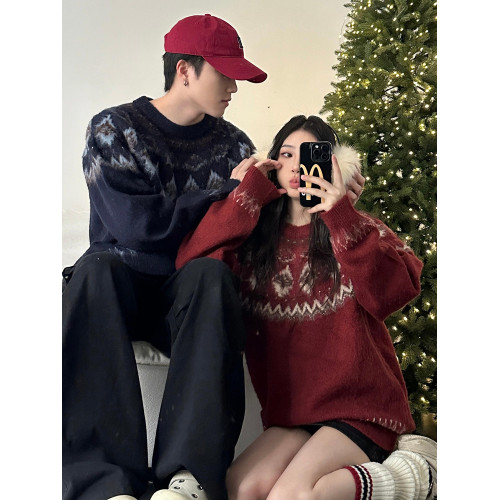 情侶裝秋冬新款北歐費爾島風聖誕氛圍感軟糯提花加厚套頭撞色毛衣 情侶裝秋冬新款北歐費爾島風聖誕氛圍感軟糯提花加厚套頭撞色毛衣