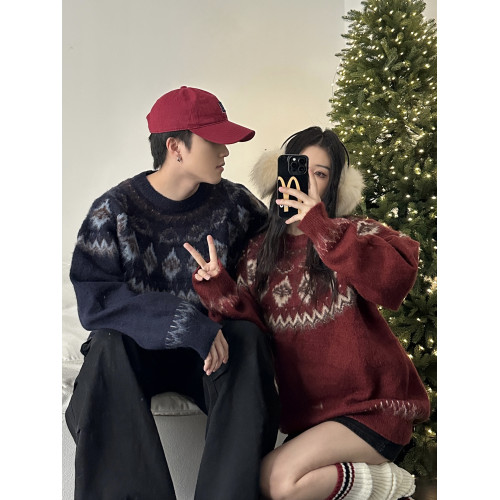 情侶裝秋冬新款北歐費爾島風聖誕氛圍感軟糯提花加厚套頭撞色毛衣 情侶裝秋冬新款北歐費爾島風聖誕氛圍感軟糯提花加厚套頭撞色毛衣