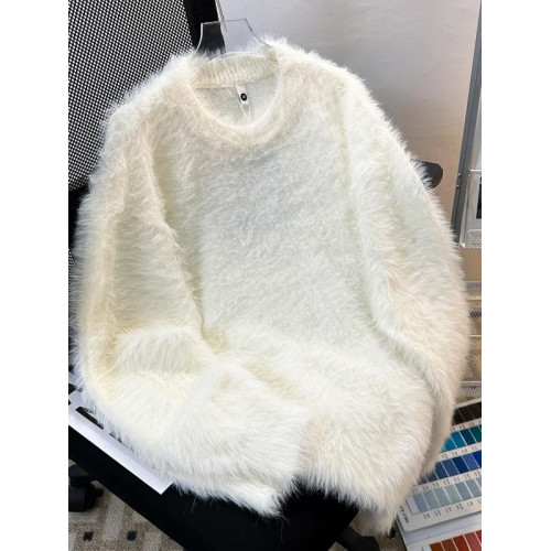 仿水貂絨圓領毛衣男女冬季慵懶風純色毛絨絨打底衫男士保暖毛線衣