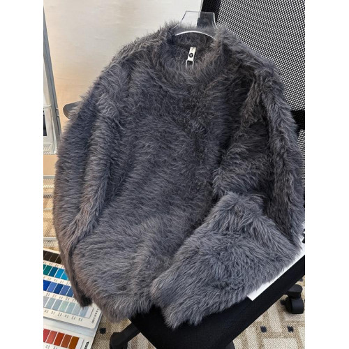 仿水貂絨圓領毛衣男女冬季慵懶風純色毛絨絨打底衫男士保暖毛線衣