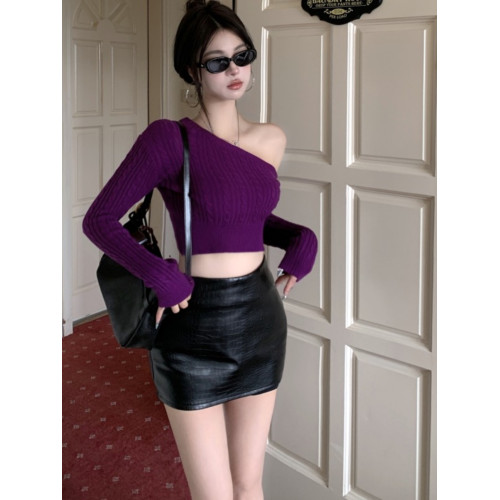 純欲短款露臍麻花長袖針織衫女秋冬季毛衣斜領露肩設計感辣妹上衣