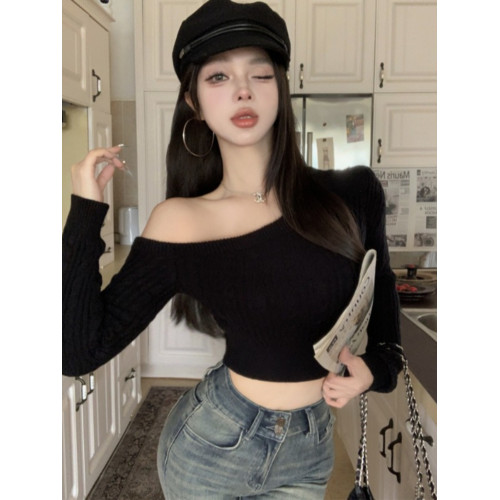 純欲短款露臍麻花長袖針織衫女秋冬季毛衣斜領露肩設計感辣妹上衣