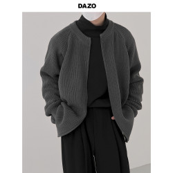 DAZO 圓領拉鍊開衫毛衣男春秋款簡約休閒針織外套寬松純色百搭潮