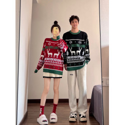 聖誕氛圍感穿搭情侶裝秋冬2025新款針織衫毛衣紅色麋鹿聖誕節戰袍