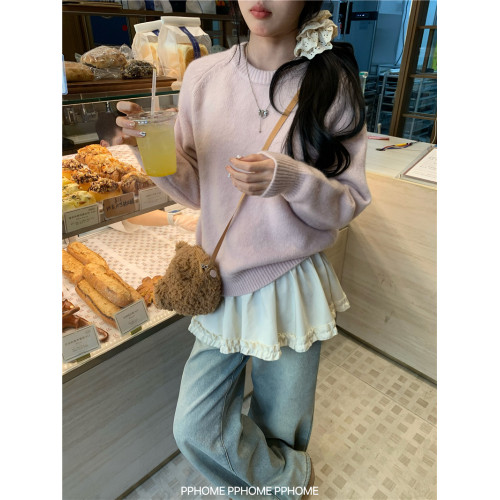 PPHOME自製~純色淨版 百搭圓領打底毛衣寬鬆內搭針織上衣軟糯基礎