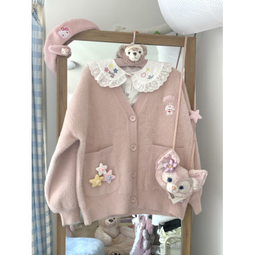 原創日系毛茸茸針織可愛刺綉毛衣開衫甜美外套秋冬小個子針織上衣