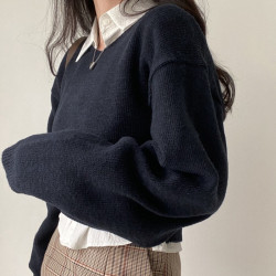 韓國chic秋冬法式小衆修身顯瘦百搭V領套頭短款毛衣長袖針織衫女
