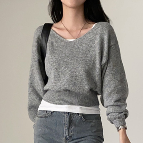 韓國chic秋冬法式小衆修身顯瘦百搭V領套頭短款毛衣長袖針織衫女
