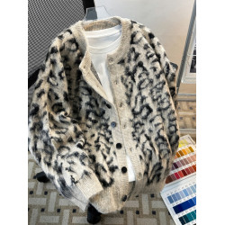 痞帥豹紋開衫毛衣男女冬季仿貂絨外套寬松潮流美式cleanfit針織衫