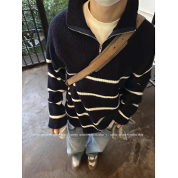 半拉鍊條紋毛衣男立領秋冬新款慵懶高級感寬松套頭打底針織衫外套