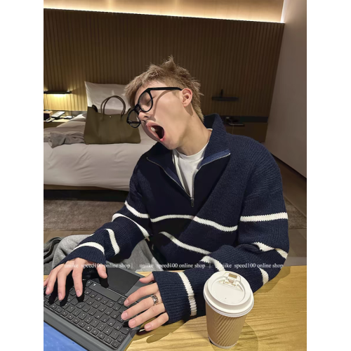 半拉鍊條紋毛衣男立領秋冬新款慵懶高級感寬松套頭打底針織衫外套 半拉鍊條紋毛衣男立領秋冬新款慵懶高級感寬松套頭打底針織衫外套