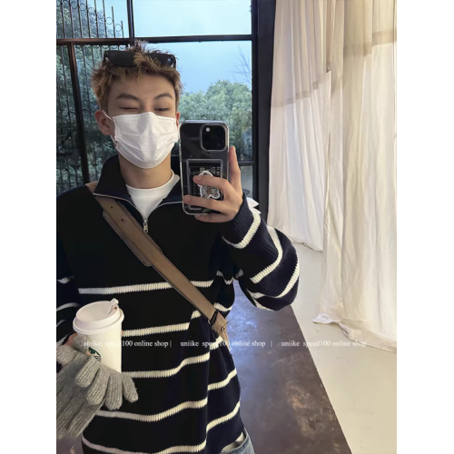 半拉鍊條紋毛衣男立領秋冬新款慵懶高級感寬松套頭打底針織衫外套 半拉鍊條紋毛衣男立領秋冬新款慵懶高級感寬松套頭打底針織衫外套