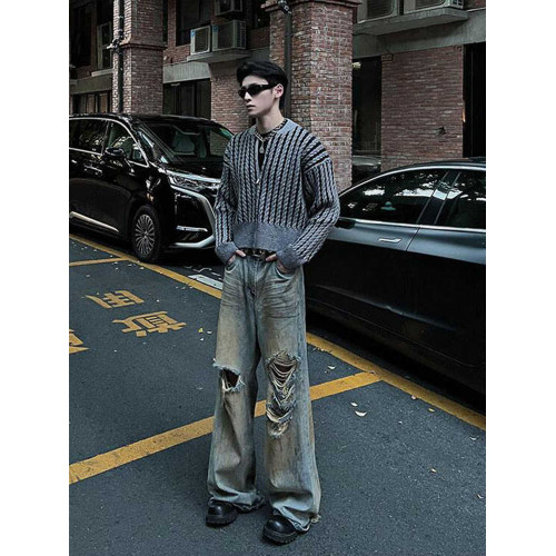 美式復古bf慵懶寬松拉鍊針織衫男hiphop痞帥高級感麻花紋開衫毛衣 美式復古bf慵懶寬松拉鍊針織衫男hiphop痞帥高級感麻花紋開衫毛衣