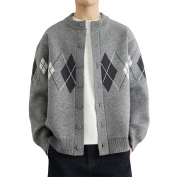 菱形格開衫毛衣外套男秋冬季高級感撞色休閒針織夾克打底衫上衣服