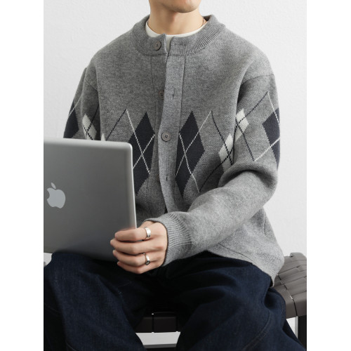 菱形格開衫毛衣外套男秋冬季高級感撞色休閒針織夾克打底衫上衣服 菱形格開衫毛衣外套男秋冬季高級感撞色休閒針織夾克打底衫上衣服