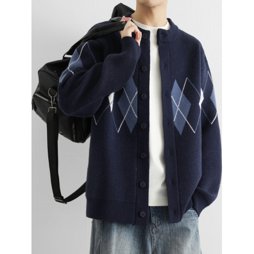 菱形格開衫毛衣外套男秋冬季高級感撞色休閒針織夾克打底衫上衣服 菱形格開衫毛衣外套男秋冬季高級感撞色休閒針織夾克打底衫上衣服